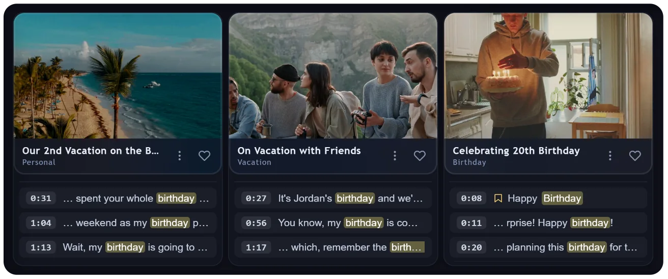 Results landing on the exact spoken moment across three different videos