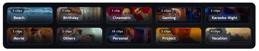 Playlists generated automatically from tags — Beach, Birthday, Cinematic, Gaming and more